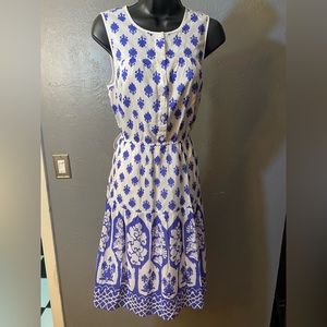 J. CREW Sleeveless Periwinkle Blue and White tiered dress in mixed Patterns
